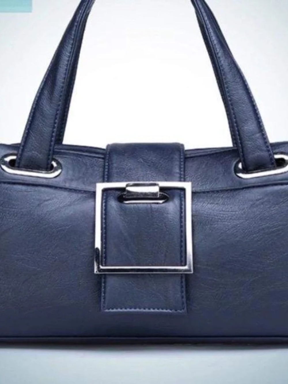 Womens Blue Vegan Leather Tote Handbag with Long‎ Strap